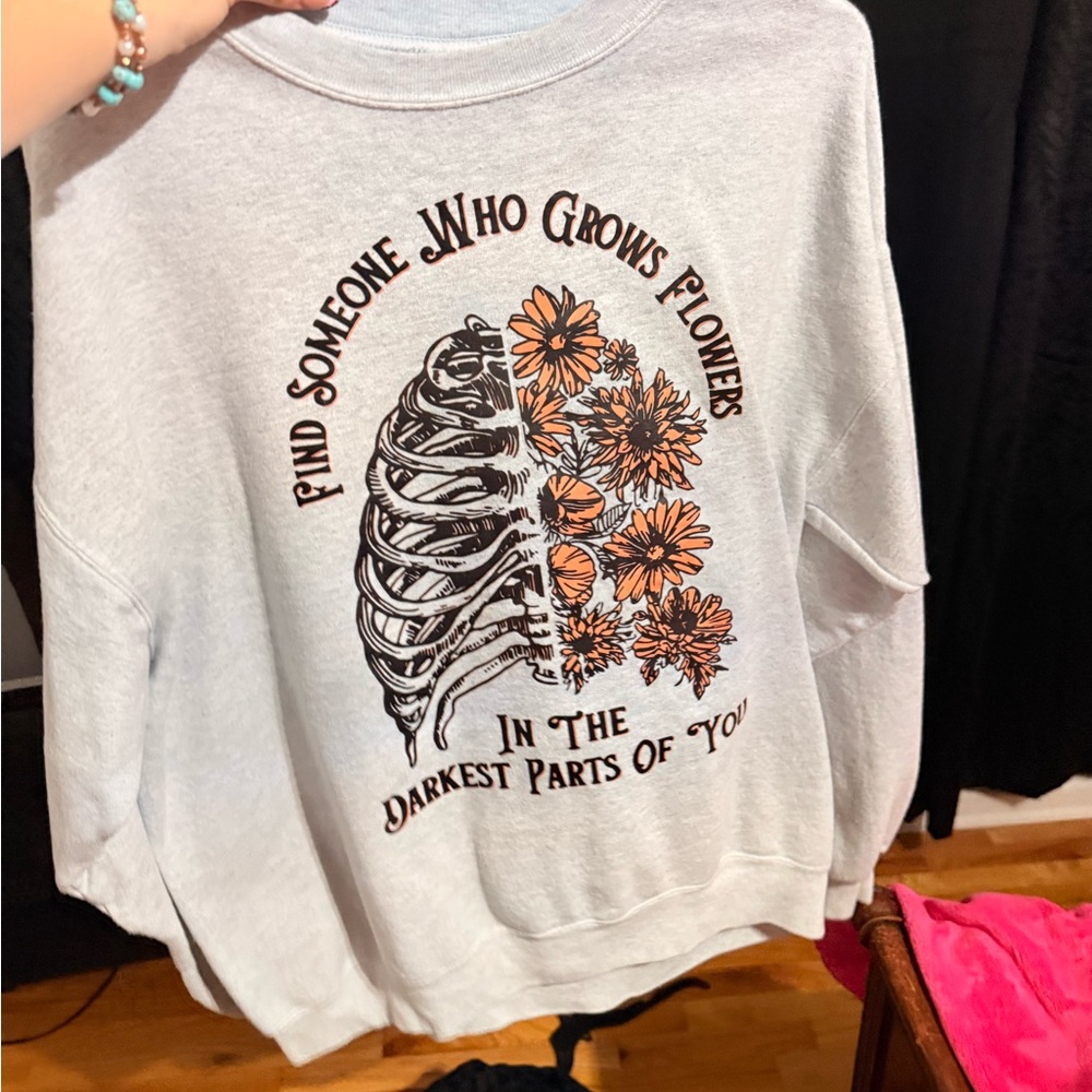 Gray Sweatshirt with Floral Skeleton Design